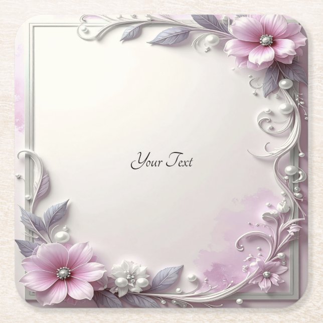 Posavasos Cuadrado De Papel Pink Floral Frame Paper Coaster (Anverso)