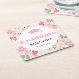Posavasos Cuadrado De Papel Pink Floral Graduation 