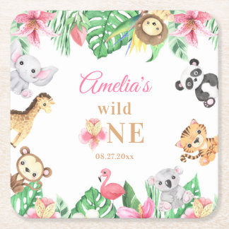 Posavasos Cuadrado De Papel Pink Floral Safari Animals Birthday