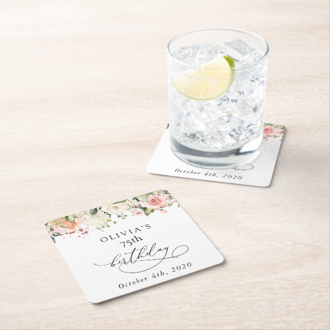 Posavasos Cuadrado De Papel Pink Flowers, White Flowers, Boho, Birthday (In situ)