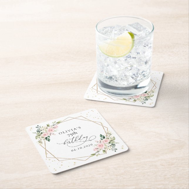 Posavasos Cuadrado De Papel Pink Flowers, White Flowers, Greenery, Birthday (In situ)