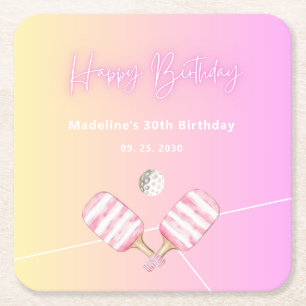 Posavasos Cuadrado De Papel Pink Fun Pickleball Fiesta de cumpleaños número 30