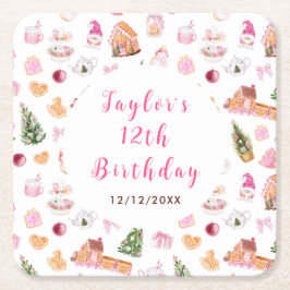 Posavasos Cuadrado De Papel Pink Gingerbread House Birthday Party