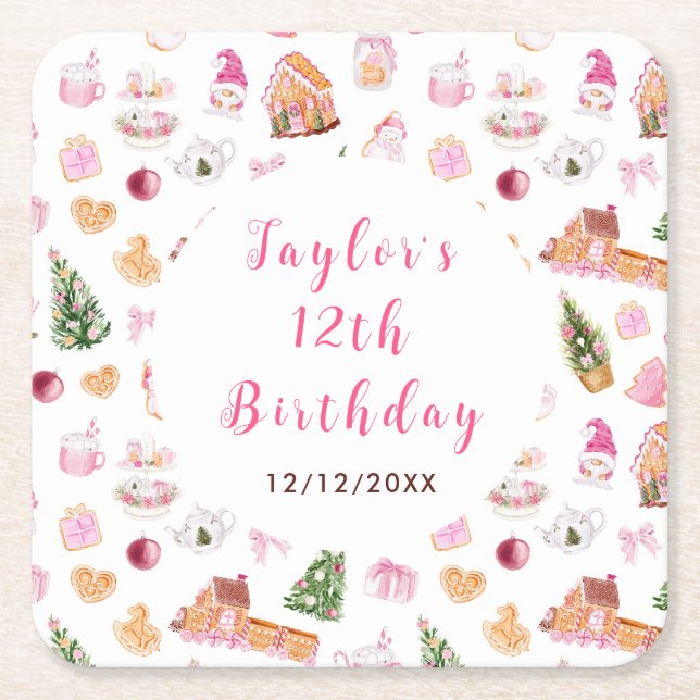 Posavasos Cuadrado De Papel Pink Gingerbread House Birthday Party (Anverso)