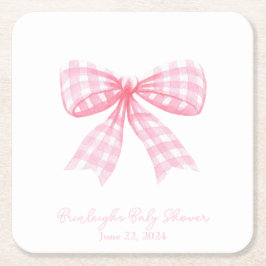 Posavasos Cuadrado De Papel Pink Gingham Bow Ribbon Coquette Personalizada