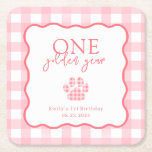 Posavasos Cuadrado De Papel Pink Gingham One Golden Year Girls First Birthday<br><div class="desc">Keep drips in check while staying on theme with this gingham One Golden Year coaster. The scalloped frame and paw print detail match your golden retriever first birthday décor, and there’s space to add your little one's name and party date: an easy way to tie every table setting back to...</div>