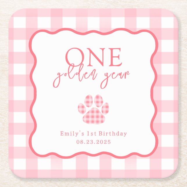 Posavasos Cuadrado De Papel Pink Gingham One Golden Year Girls First Birthday (Anverso)