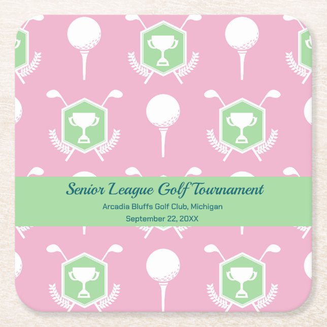 Posavasos Cuadrado De Papel Pink & Green - Golf League Party Plate (Anverso)