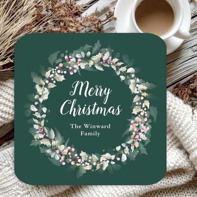 Posavasos Cuadrado De Papel Pink Holly Wreath Feliz Navidad (Subido por el creador)