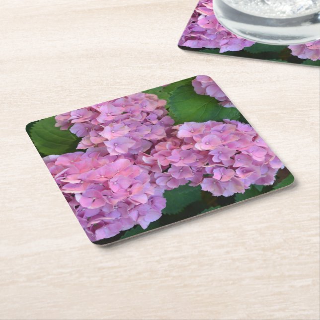 Posavasos Cuadrado De Papel Pink Hortensia hidrangea flores (En perspectiva)