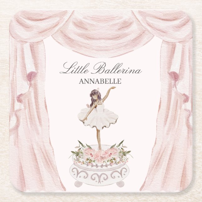 Posavasos Cuadrado De Papel Pink Little Ballerina Baby Shower o Cumpleaños (Anverso)