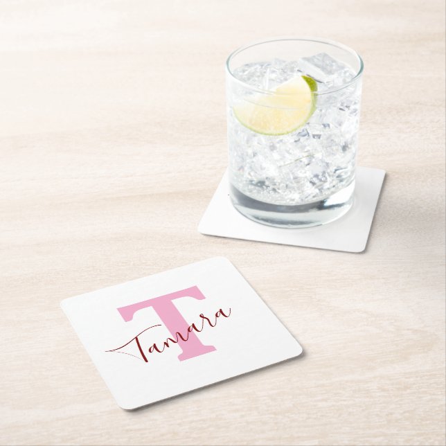 Posavasos Cuadrado De Papel Pink Monogram Paper Coaster | Custom Name (In situ)