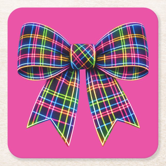 Posavasos Cuadrado De Papel Pink Neon Bow Tartan Ribbon Scottish Cute (Anverso)