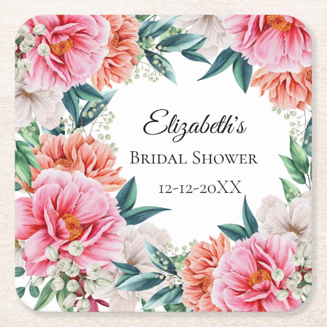 Posavasos Cuadrado De Papel Pink Peonies Floral Eucalyptus Bridal Shower (Anverso)