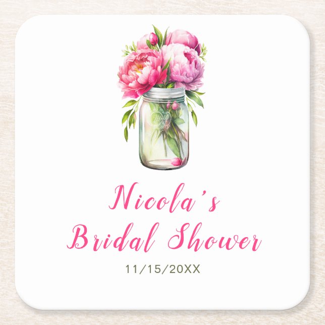 Posavasos Cuadrado De Papel Pink Peonies Mason Jar Bridal Shower (Anverso)