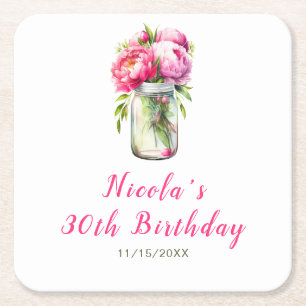 Posavasos Cuadrado De Papel Pink Peonies Mason Jar Cumpleaños
