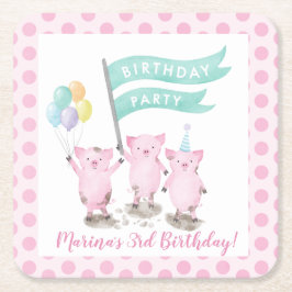 Posavasos Cuadrado De Papel Pink Piggys Kids Birthday Fiesta