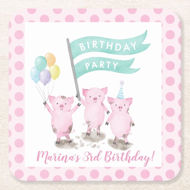 Posavasos Cuadrado De Papel Pink Piggys Kids Birthday Fiesta (Anverso)