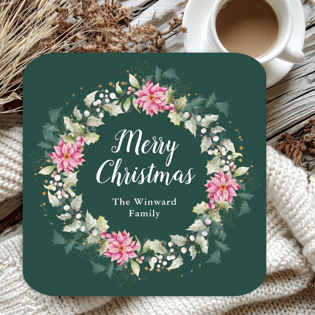 Posavasos Cuadrado De Papel Pink Poinsettia Wreath Feliz Navidad (Subido por el creador)