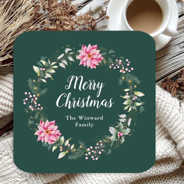 Posavasos Cuadrado De Papel Pink Poinsettia Wreath Feliz Navidad (Subido por el creador)