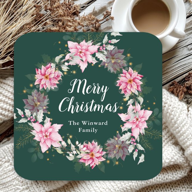 Posavasos Cuadrado De Papel Pink Poinsettia Wreath Feliz Navidad (Subido por el creador)