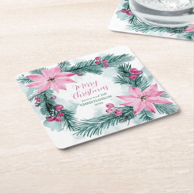 Posavasos Cuadrado De Papel Pink Poinsettias Christmas (En perspectiva)