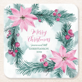 Posavasos Cuadrado De Papel Pink Poinsettias Christmas