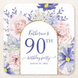Posavasos Cuadrado De Papel Pink Purple Floral God Frame 90th Birthday Party<br><div class="desc">Estas modernas y onduladas tardes para fiestas de 90 años cuentan con flores de verano rosadas y violetas,  con un marco purpurina de moda de imitación de oro y un nombre y fecha para personalizar. Diseñado por Susan Coffey.</div>