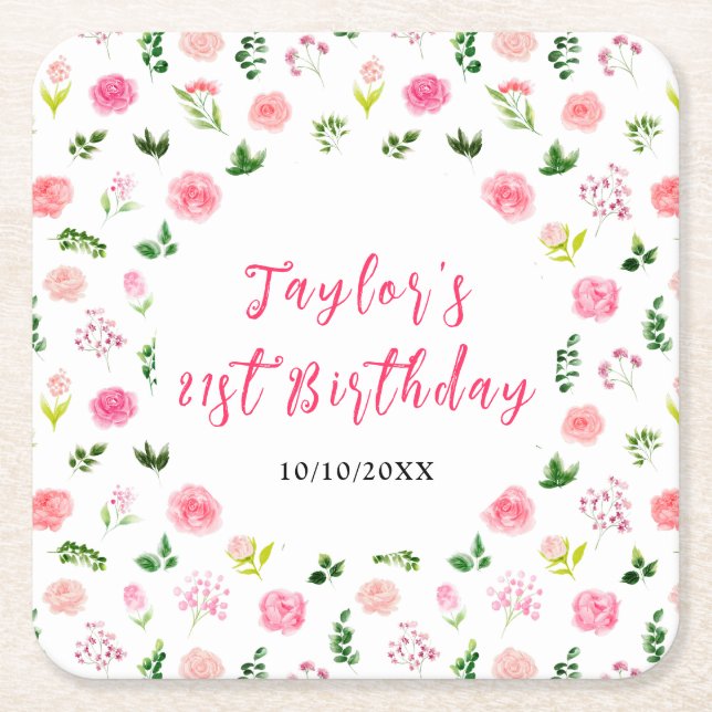 Posavasos Cuadrado De Papel Pink Roses Floral Birthday (Anverso)