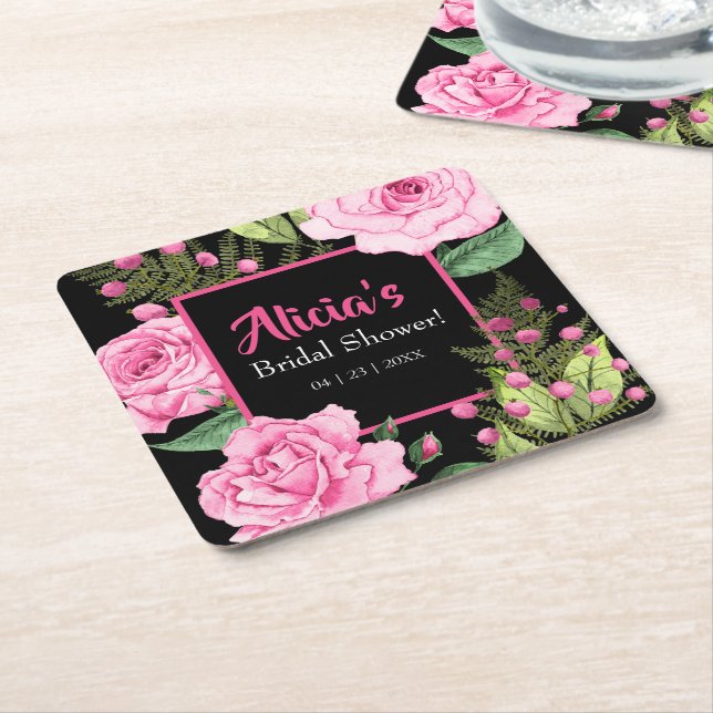 Posavasos Cuadrado De Papel Pink Roses on Black Bridal Shower (En perspectiva)
