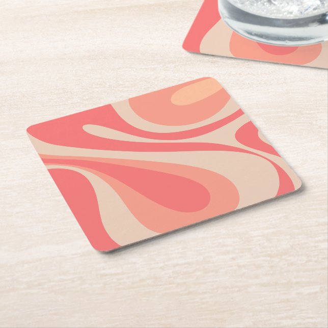 Posavasos Cuadrado De Papel Pink Salmon Mod Swirl Pastel Resumen Estético (En perspectiva)