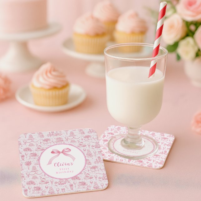 Posavasos Cuadrado De Papel Pink Toile Coquette Bow Primer Chica de cumpleaños (pink coquette 1st birthday  for baby girl with ribbon)