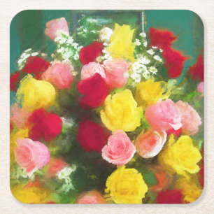 Posavasos Cuadrado De Papel Pintado Rose Bouquet - Arte de Flor Original.