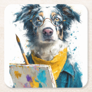 Posavasos Cuadrado De Papel Pintor de perro artístico retrato
