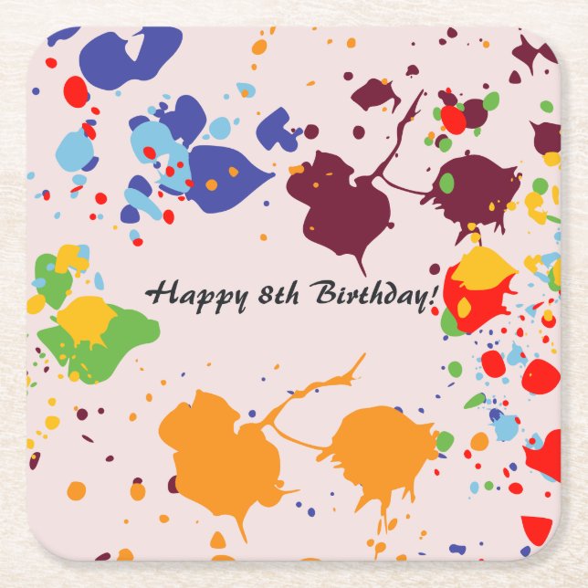 Posavasos Cuadrado De Papel Pintura 8.ª fiesta de cumpleaños salpicaduras colo (Anverso)