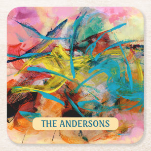 Posavasos Cuadrado De Papel Pintura abstracta de color energético, nombre