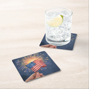 Posavasos Cuadrado De Papel Pintura acuarela patriótica de la bandera american