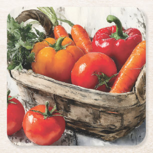 Posavasos Cuadrado De Papel Pintura acuática de una cesta vegetal