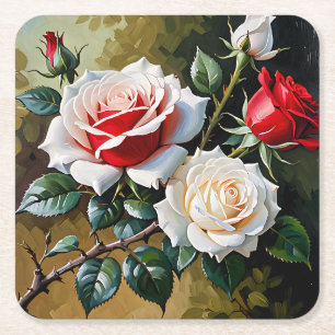 Posavasos Cuadrado De Papel Pintura al óleo de rosas rojas blancas rosadas bon