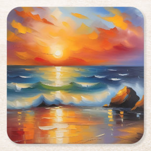 Posavasos Cuadrado De Papel Pintura de aceite de la puesta de sol de los naran