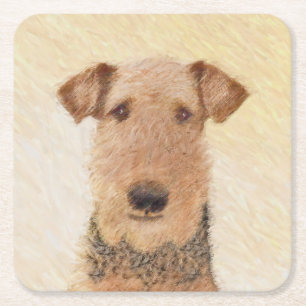 Posavasos Cuadrado De Papel Pintura de Airedale Terrier - Arte original y boni