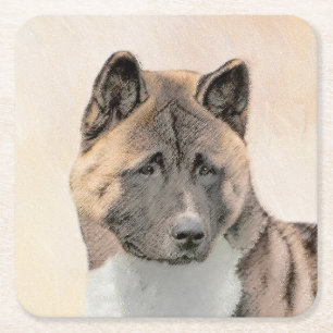 Posavasos Cuadrado De Papel Pintura de Akita - Arte de Perro Original.