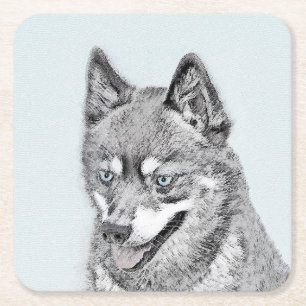 Posavasos Cuadrado De Papel Pintura de Alaskan Klee Kai - Arte Perro Original.