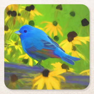 Posavasos Cuadrado De Papel Pintura de amarre índigo - Arte original de aves