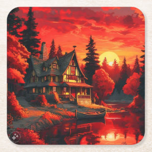 Posavasos Cuadrado De Papel Pintura de atardecer con cabaña y lago-66633