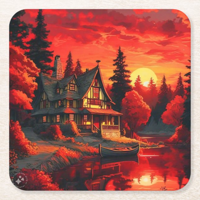 Posavasos Cuadrado De Papel Pintura de atardecer con cabaña y lago-66633 (Anverso)