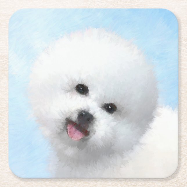 Posavasos Cuadrado De Papel Pintura de Bichon Frise - Arte de Perro Original. (Anverso)