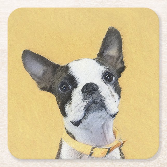 Posavasos Cuadrado De Papel Pintura de Boston Terrier - Arte de Perro Original (Anverso)