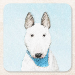 Posavasos Cuadrado De Papel Pintura de Bull Terrier - Arte de Perro Original.
