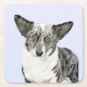 Posavasos Cuadrado De Papel Pintura de Cardigan Welsh Corgi - Arte Perro Origi